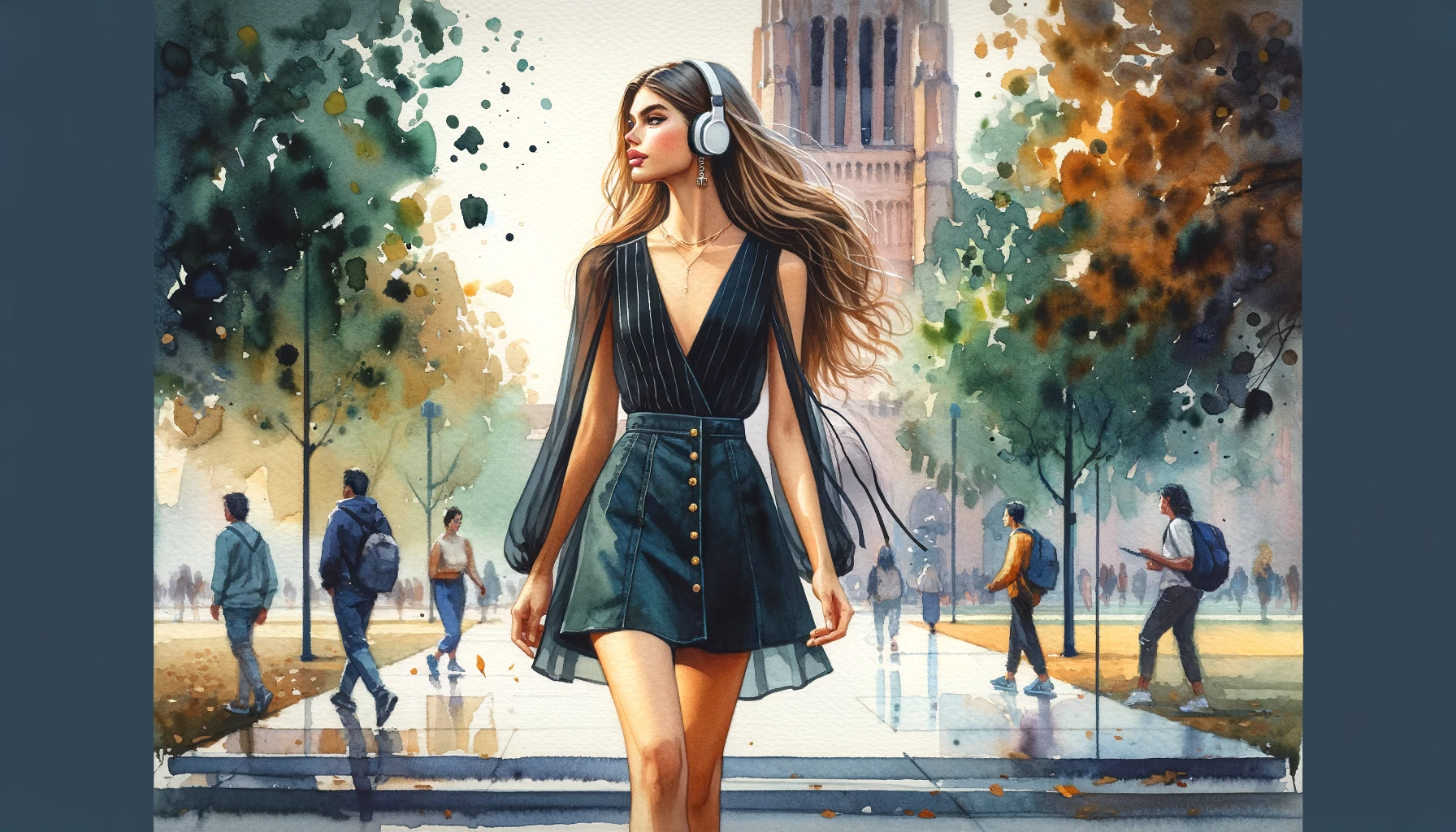 DALL·E 2023-12-15 01.06.24 - Full-body watercolor paintings of a young fair-skinned Pakistani model in her 20s walking on sidesteps. She is wearing a micro mini summer dress with .png